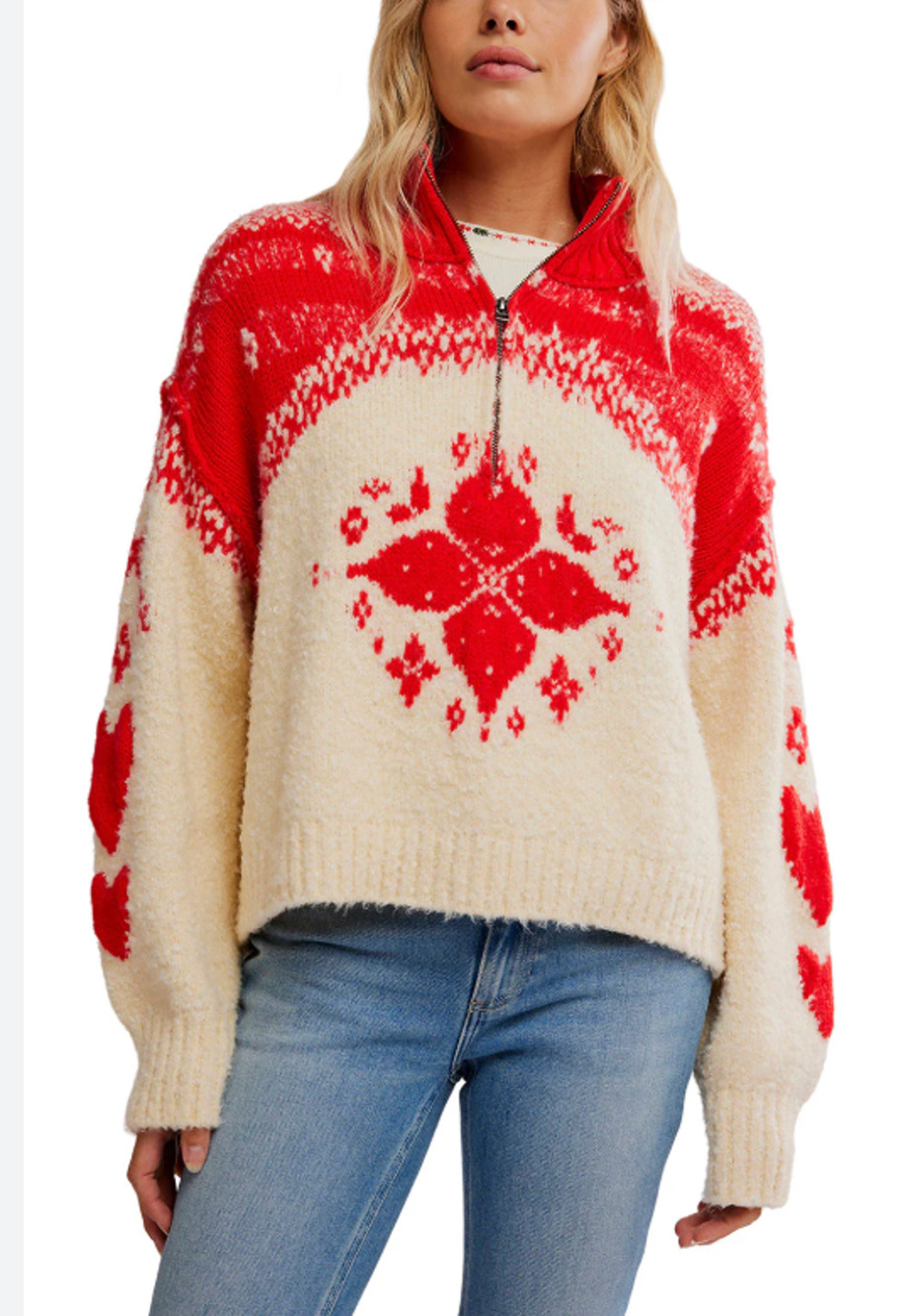 Free People Mythical Knit Sweater Pullover Scarlet Combo Vanilla Womens Sz Large